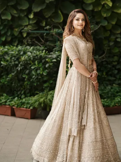 A full-length shot of this engagement bride. The entire look is cohesive, from the soft makeup to the flowing, elegant gown.