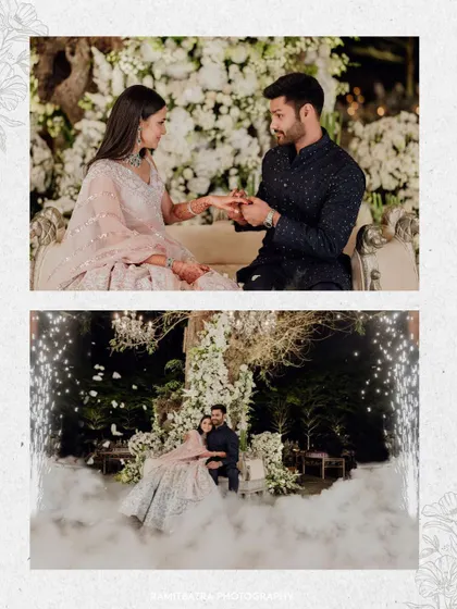 A collage of the engagement ceremony, showing the ring exchange and the couple surrounded by smoke and sparklers.