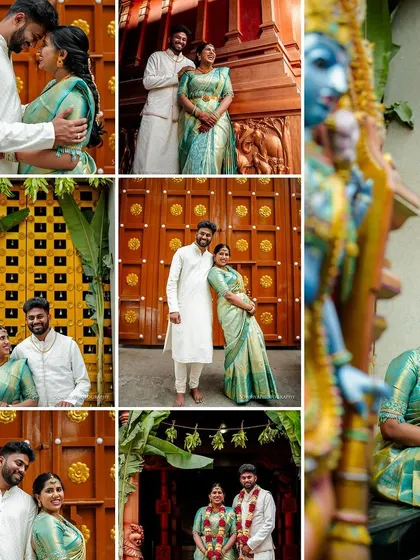 A collage of a vibrant South Indian engagement. It captures everything from formal portraits to playful moments, all set against beautiful, traditional backdrops.