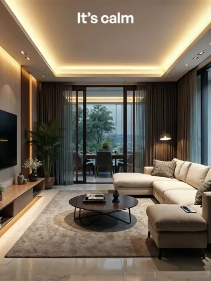 We design spaces that feel just right. This living room uses ambient and cove lighting to create a calm, warm vibe, perfect for unwinding. It’s an example of how we use light to shape the mood and energy of a room.