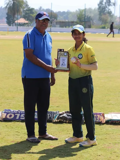A young female cricketer from our academy receives the Player of the Match trophy after a competitive game against SST Cricket Academy from Chennai.