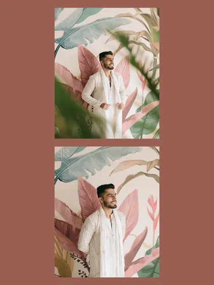 A stylish solo portrait of the groom, Kapil, against a vibrant, leafy wallpaper. We use the environment to create visually interesting and modern portraits.