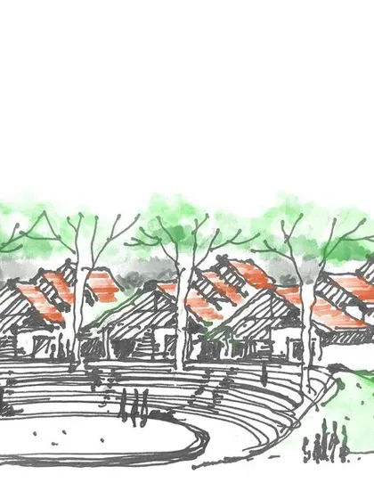 A duplicate of the concept sketch of the amphitheater and academic blocks at Vellore International School.