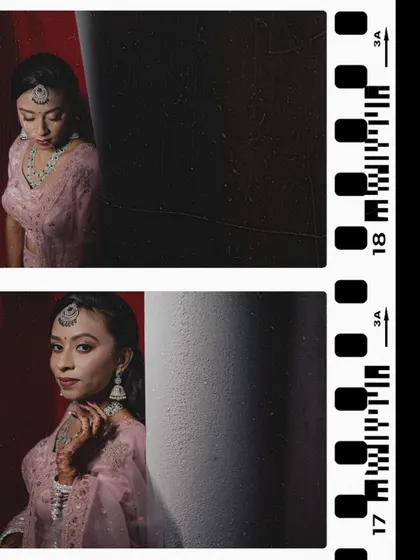 A creative collage with a film strip effect, showing two portraits of the bride.