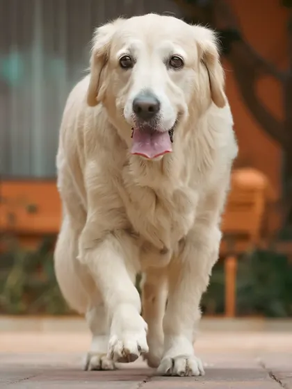 A happy Golden Retriever enjoying a walk. The warm tones of the background complement his beautiful coat, creating a lovely, candid portrait.