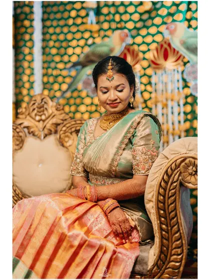 A portrait of a bride on her engagement day, looking elegant and serene in her traditional attire.