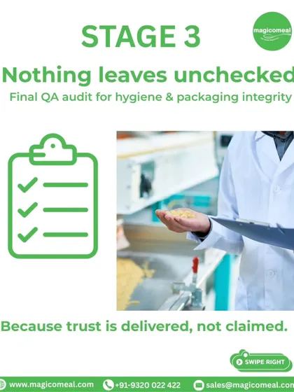The final stage of our process is a sanity check where nothing leaves the kitchen unchecked. A final quality assurance audit is conducted for hygiene and packaging integrity, because trust is delivered, not claimed.