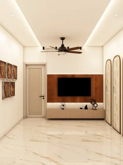 A simple yet elegant TV wall unit in a long living room, demonstrating our ability to design for different room shapes and sizes while maintaining a modern aesthetic.