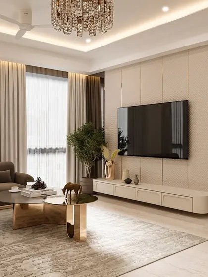 The TV wall in this 3D visualization is designed with a combination of leather-finished laminate and a tinted mirror, grounding the room in a modern, material-driven palette.