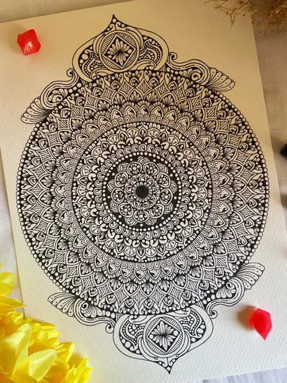 "Trust the vibes you get, energy doesn't lie." This is one of my most intricate designs, with ornate elements framing the central mandala. It was a joy to create.