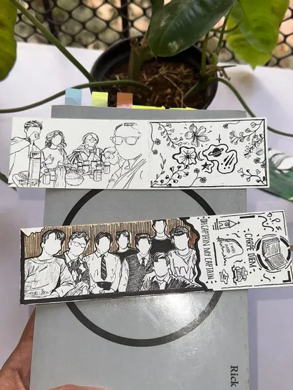 Two themed bookmarks I created, one for a cafe lover and another inspired by Dead Poets Society. They show the range of customization possible.