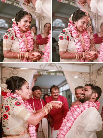 The fun and games of a South Indian wedding are perfectly captured in this collage of the couple participating in traditional post-wedding rituals.