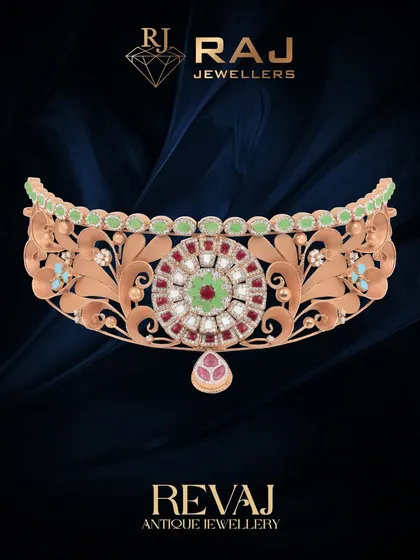 A grand floral choker from our Revaj collection, this piece is a celebration of intricate craftsmanship. The central medallion is a burst of red and green stones, surrounded by delicate filigree work, creating a look of pure opulence.