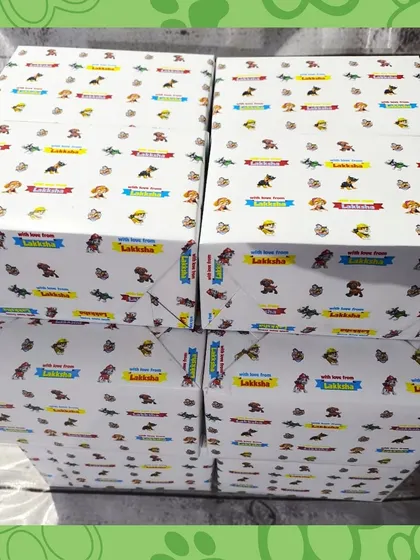 A stack of the Paw Patrol kits, all wrapped in personalized paper for Lakkha's birthday.
