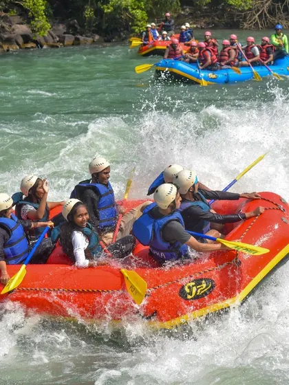 A group navigating the white water rapids in Dandeli. Teamwork makes the dream work!