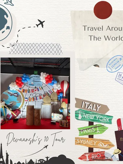 More from the travel-themed party, showing the custom signage and props. The direction signs pointing to cities like Paris, New York, and Sydney added a fun, interactive element to the decor.