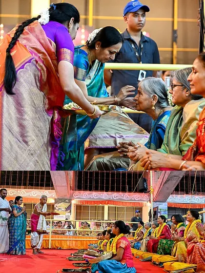 A collage showing women offering prayers and receiving blessings during a Navratri puja. The festival honors the divine feminine in all its forms.