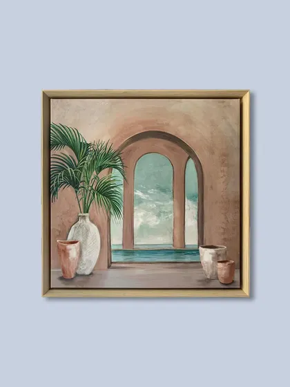 A full view of "Untouched Beauty" by Eva Watts. The light wood floater frame is a perfect match for the artwork's soft, Mediterranean-inspired aesthetic.