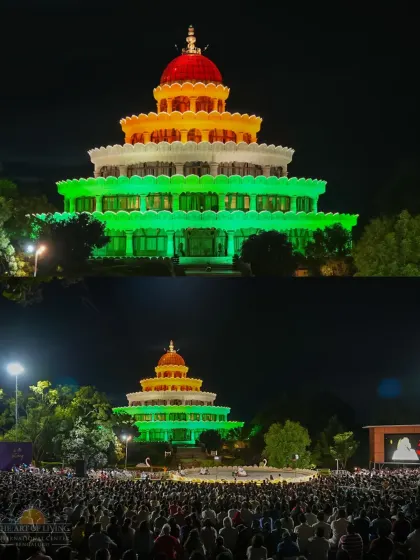 A collage capturing the patriotic fervor of our Independence Day celebrations. The entire community comes together to honor the nation with music, meditation, and joy.