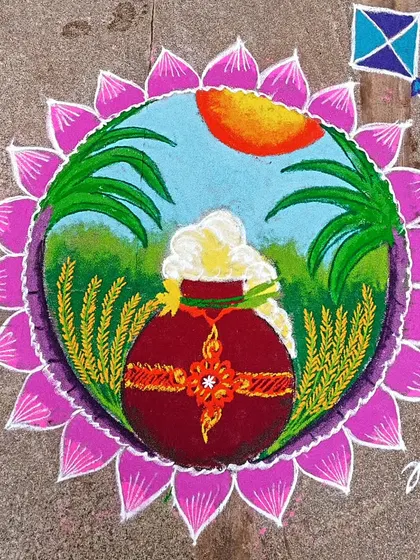 Another view of the Pongal rangoli, showing the details of the overflowing pot.