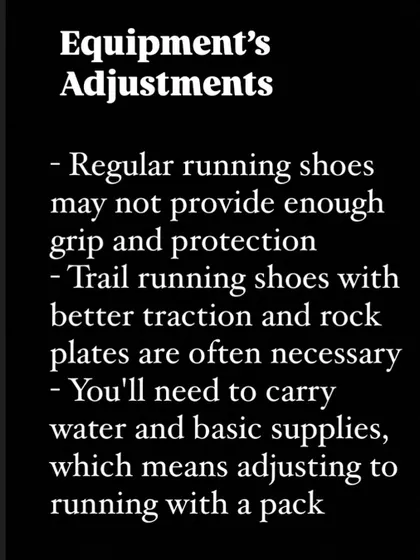 A guide to equipment adjustments for trail running. We advise on the necessity of trail-specific shoes with better grip and running with a pack for water and supplies.