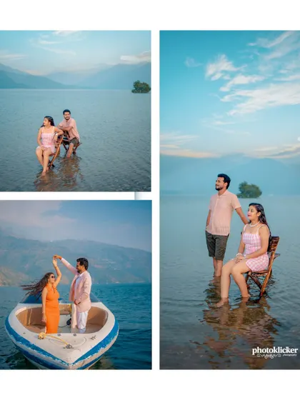 A multi-photo collage capturing various romantic moments from a shoot at Tehri Lake, including dancing on the boat and standing in the water.