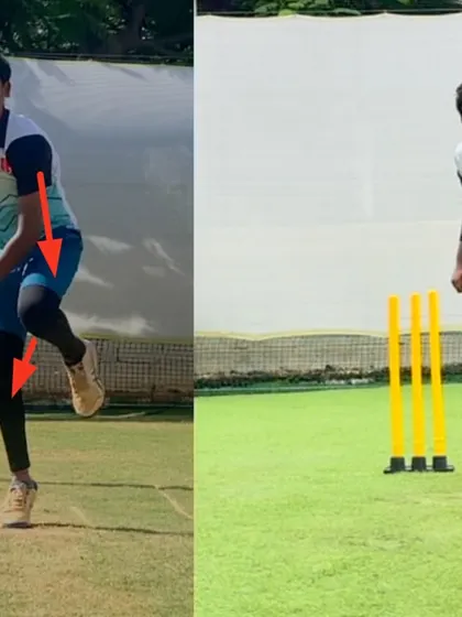 A key part of this left arm spinner's transformation was teaching complete weight transfer. The 'after' photo shows how improved lower body usage leads to a more powerful and effective bowling action.