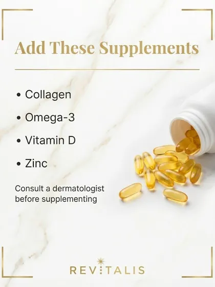 Supplements can be helpful in your 30s, but only if needed and after consulting a doctor. Collagen, Omega-3, Vitamin D, and Zinc can support skin structure and health, but they are not magic pills.
