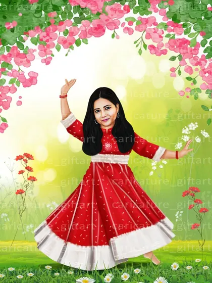 A beautiful caricature of a woman in a red dress, dancing in a field of flowers. This makes for a joyful and vibrant birthday gift.