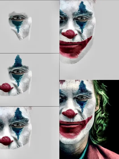 This image shows the progression of the Joker portrait. It breaks down my layering process, starting from the eyes and gradually building out the full face, showing how the details come together.