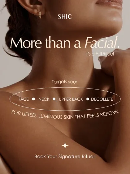 More than a facial, it's a full ritual. My signature treatment is designed to bring lifted, luminous skin by targeting the face, neck, upper back, and décolleté in one continuous, flowing ceremony.
