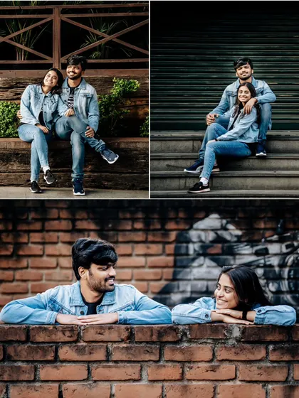 A collection of casual and intimate poses from an urban pre-wedding shoot, showcasing the couple's relaxed chemistry.