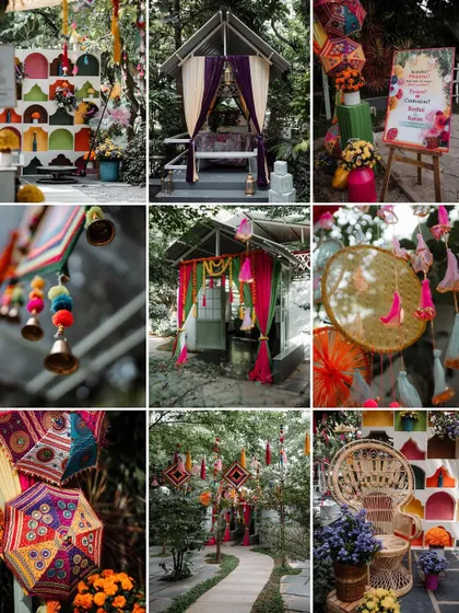 A collage of colorful wedding decor details, from hanging tassels to floral arrangements.