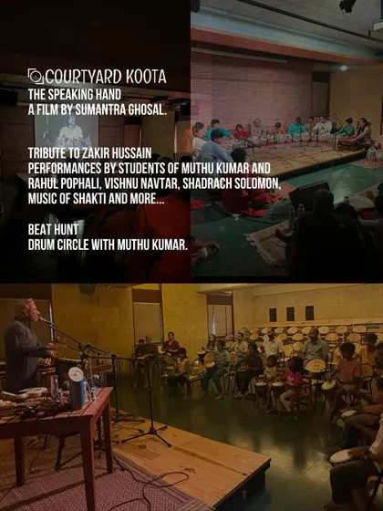 A collage from the tribute event for Ustad Zakir Hussain, which included a screening of the film 'The Speaking Hand', performances by students, and a drum circle.