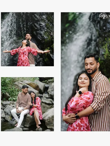 A collage showcasing a couple's joy and connection in front of a waterfall, with poses that are both grand and intimate.
