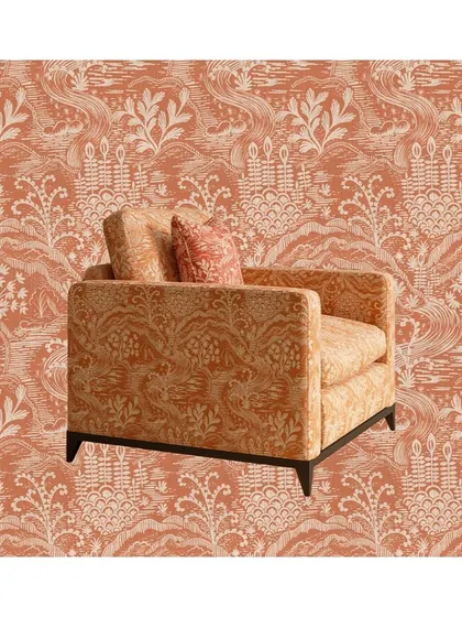 The 'Itsuki' fabric, featuring a dual-tone scene of meandering hills and rivers, is perfectly suited for upholstery. It wraps this armchair in a continuous, artistic pattern, turning it into a functional piece of art.