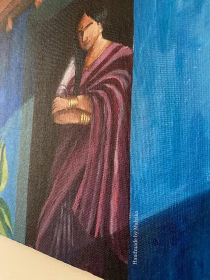 A close-up detail of my acrylic painting 'Intezaar'. This shot highlights the texture of the saree and the warm skin tones against the cool blue of the wall, showing the details of the brushwork.