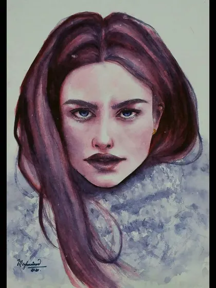 A closer, cropped view of my purple-toned watercolor portrait, emphasizing the direct and powerful expression of the subject.
