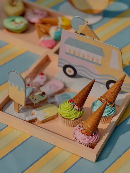 A close-up of the ice cream cone cupcakes, a perfect fusion of two beloved desserts.