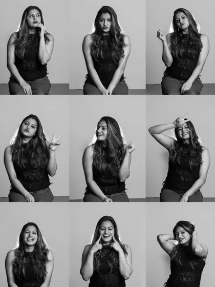 A collage of nine different expressions from a single black and white studio session, showcasing the range of emotions we can capture.