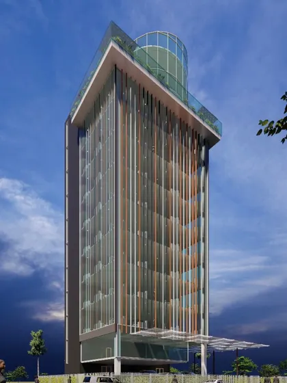 This rendering shows a variation of the louvered facade concept. The vertical fins are more sparsely placed, revealing more of the glass curtain wall behind and creating a lighter, more transparent feel for the office tower.