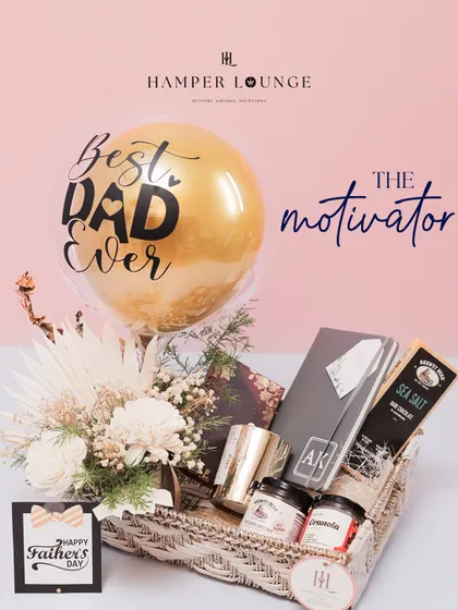 For the dad who is a motivator, this hamper is packed with inspiring items, gourmet snacks, and a "Best Dad Ever" balloon, all in a neutral and elegant color palette.