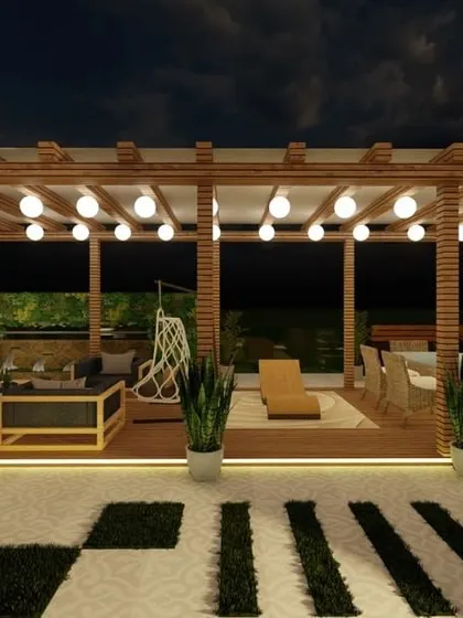 This expansive pergola creates a complete outdoor room. The structure is large enough to house separate lounging and dining areas, with string lights and potted plants adding to the cozy, enclosed feeling.