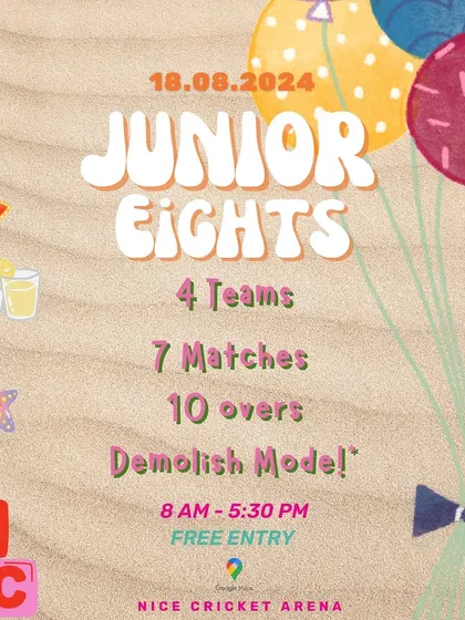 The official poster for our "Junior Eights" tournament, a fun-filled day of cricket with modified rules to maximize participation and action.