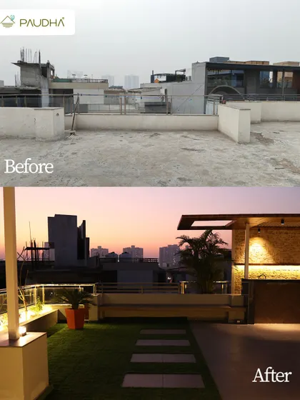 Another angle of a stunning rooftop makeover. We turned this empty, undefined space into a beautiful garden with a clear city view, complete with soft lighting and green pathways.