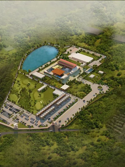An aerial render of the complete master plan for the Sri Chidambara Temple, showing the relationship between the historic temple, the natural pond, and new facilities.