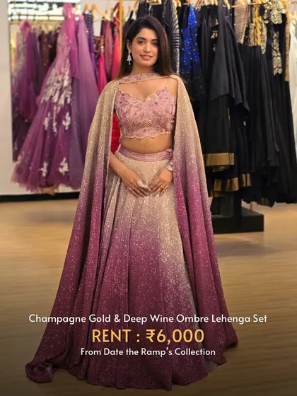 This champagne gold and deep wine ombre lehenga with a cape is a modern and dramatic choice for a cocktail or reception.