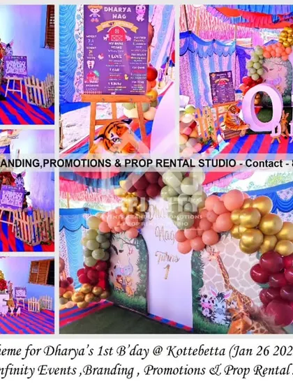 This safari theme for a first birthday at Kottebetta features a colorful and rustic setup. The decor includes a "ONE" table, a balloon arch in earthy tones, and a personalized milestone board, perfect for an outdoor or traditional venue.