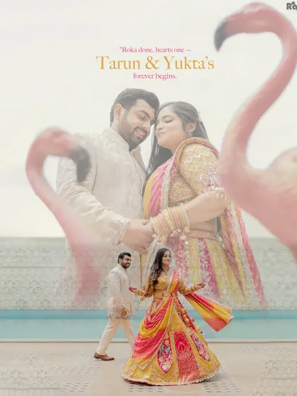 A whimsical and creative engagement photo using digital art elements like flamingos to frame the couple. This shows my ability to create unique and personalized images.