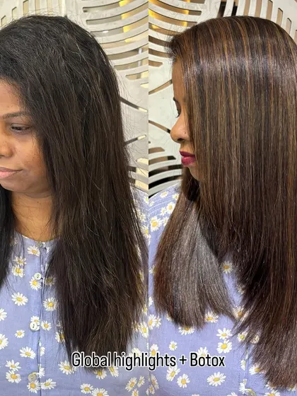 A side-by-side before and after showing the power of combining a color service with a hair Botox treatment for ultimate smoothness.